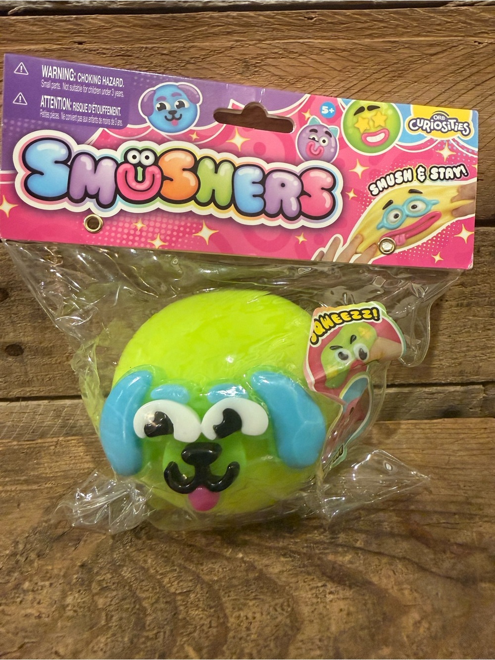 Authentic Smushers Neon Green Puppy Squeeze Toy with Blue Ears